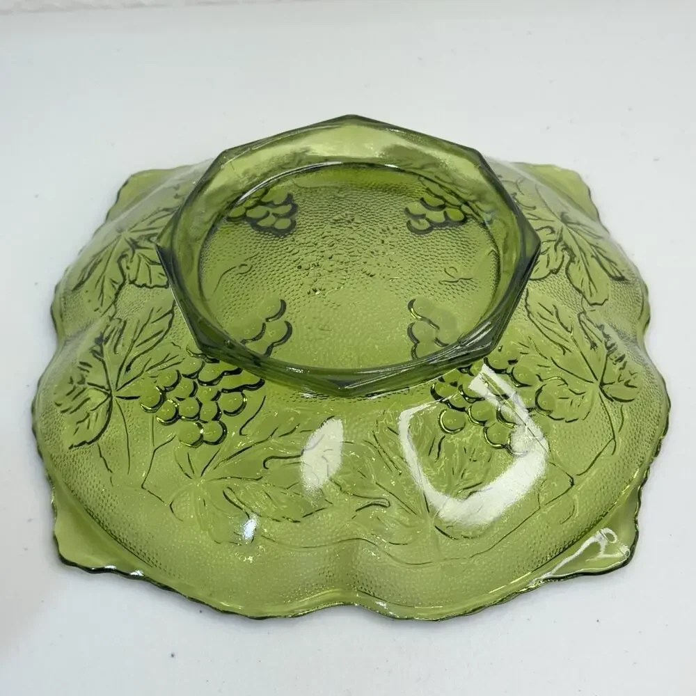 Vintage Anchor Hocking Green Footed Grape And Leaves Serving Bowl Trinket Dish